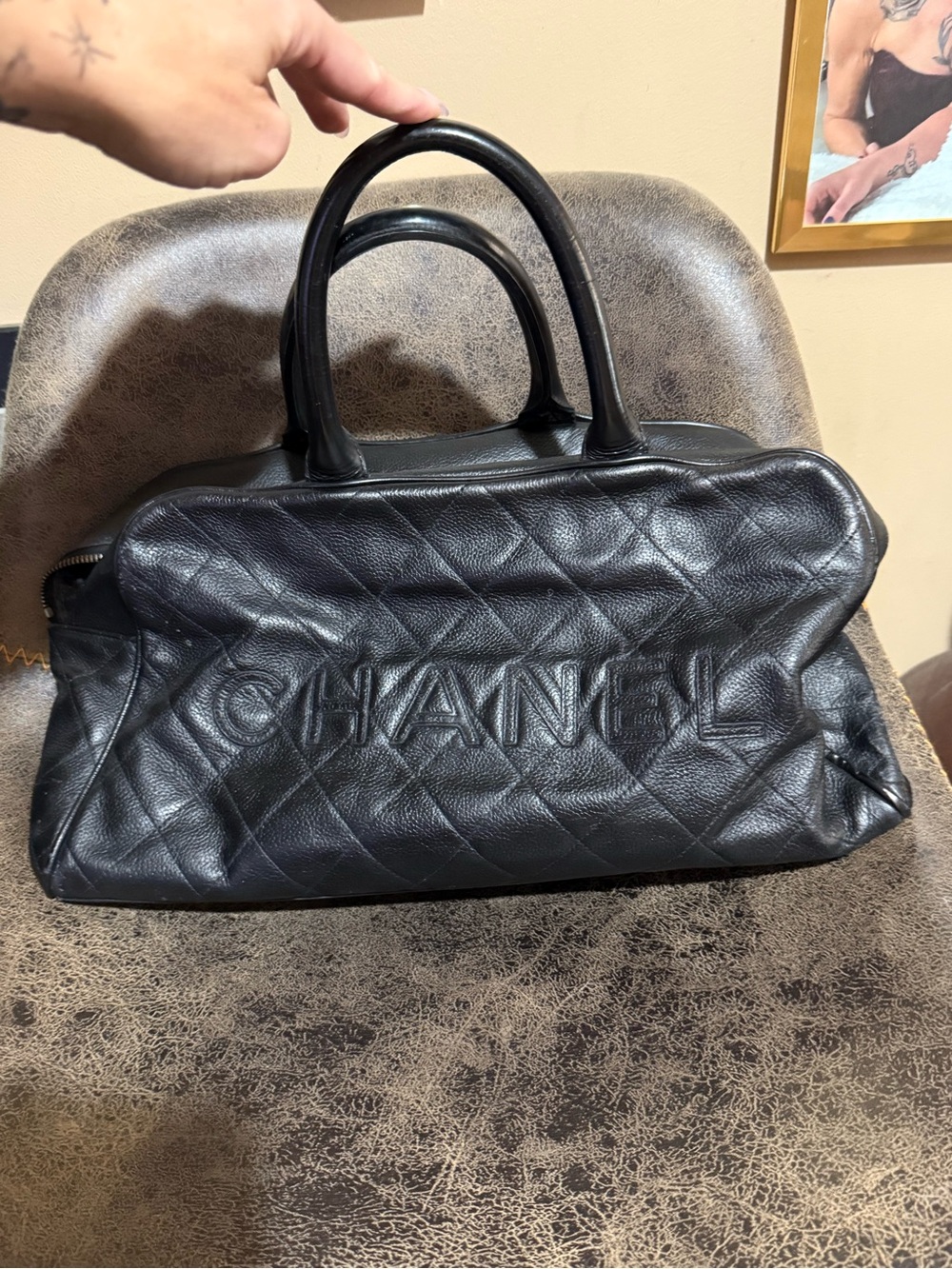 CHANEL Black Quilted Embossed Logo Leather bowling Satchel